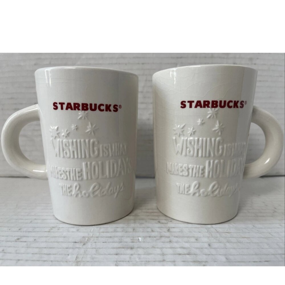 Starbucks 2010 Holiday Wishing Mugs Set of 2 White Red 10 oz